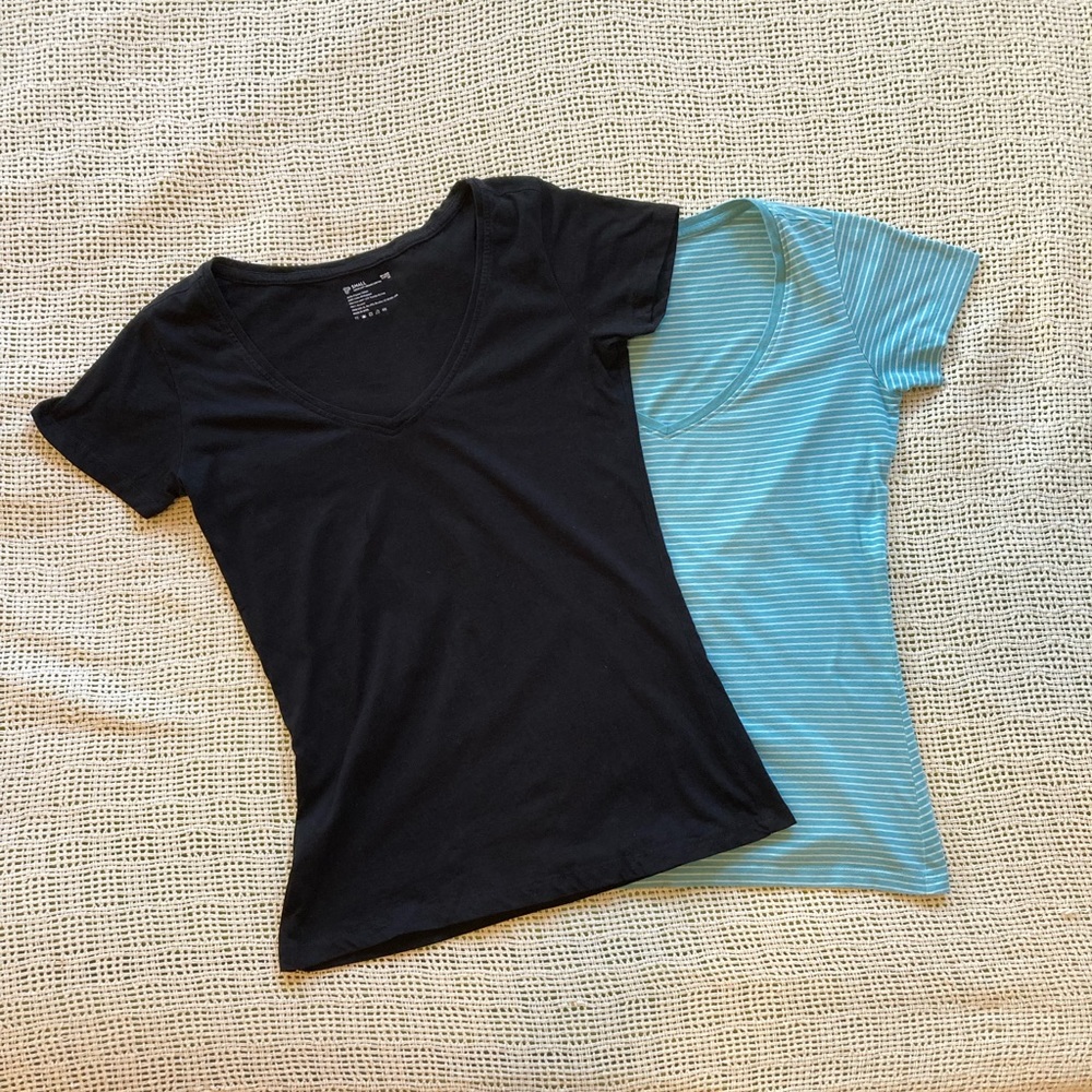 TWO Pact Organic Cotton V-neck T Shirts: Solid Black, Wave Blue Stripes, S. NWOT